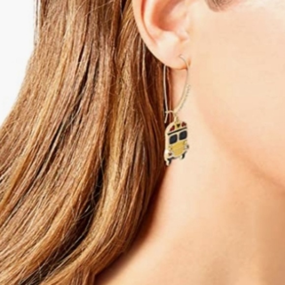 Betsey Johnson Stop Sign and Bus Dangle Earrings Mismatch Red Yellow - Picture 3 of 4